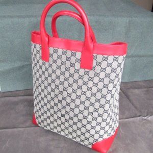 Gucci GG Monogram Red Leather Navy Canvas Tote